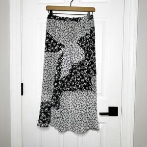 Joie Floral Print‎ Ruffle Midi Skirt Black White Asymmetrical Lightweight Small
